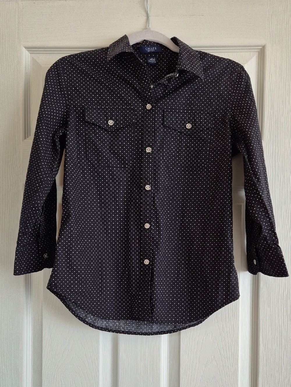 Chaps Women's Black Button-Down Shirt with White Microdots